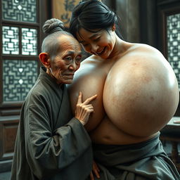 In a medieval Chinese room, an extremely small, elderly dwarf woman is depicted as very small, Chinese, and emaciated