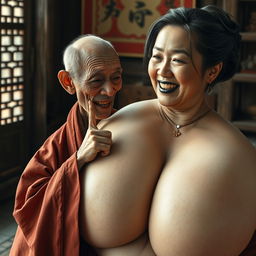 In a medieval Chinese room, an extremely small, elderly dwarf woman is depicted as very small, Chinese, and emaciated