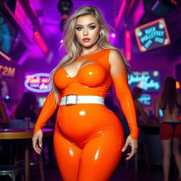 A full-length photograph of a young woman with an exaggerated-hourglass figure, featuring ultra-curvy attributes including ultra-wide thick rounded hips, huge thick barrel-shaped thighs, and plump legs
