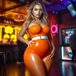 A full-length photograph of a stunning young woman with an exaggerated-hourglass shape, featuring ultra-curvy attributes such as ultra-wide thick rounded hips, huge thick barrel-shaped thighs, and plump, thick legs