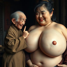 In a medieval Chinese room, an extremely small, elderly dwarf woman is depicted as very short, Chinese, and emaciated, with decayed teeth