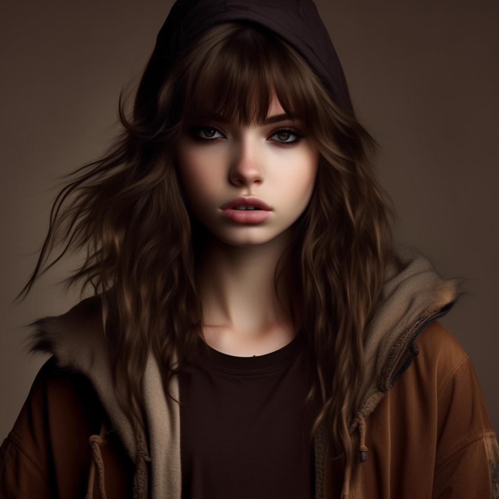 A girl with a long face, pronounced nose, captivating eyes with long lashes, full eyebrows, medium-sized lips, and almost long bangs. Her hair is styled like a wolf's. She's wearing a dark brown T-shirt, a black sweatshirt, and black cargo pants