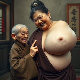 In a medieval Chinese room, an extremely small and emaciated elderly Chinese dwarf woman with rotten teeth, dressed in a long, fully closed Buddhist robe, her hair styled in a gray bun, and wearing medieval earrings, is depicted pressing down firmly with one finger on the breasts of an extremely voluptuous Japanese woman