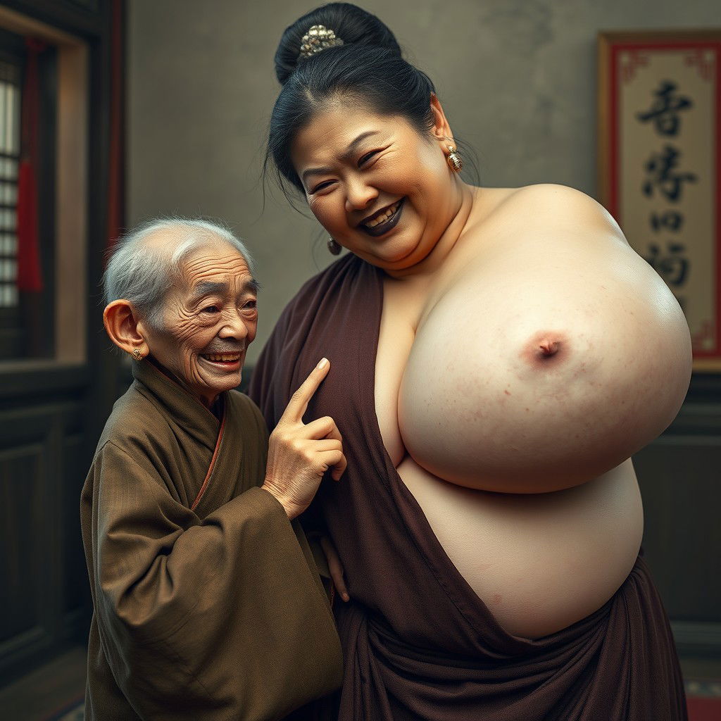 In a medieval Chinese room, an extremely small and emaciated elderly Chinese dwarf woman with rotten teeth, dressed in a long, fully closed Buddhist robe, her hair styled in a gray bun, and wearing medieval earrings, is depicted pressing down firmly with one finger on the breasts of an extremely voluptuous Japanese woman