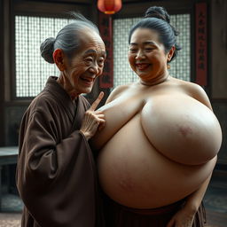 In a medieval Chinese room, there is an extremely small and emaciated elderly Chinese dwarf woman with rotten teeth, dressed in a long Buddhist robe that is fully closed
