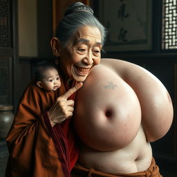 In a medieval Chinese room, there is an extremely small and emaciated elderly Chinese dwarf woman with rotten teeth, dressed in a long Buddhist robe that is fully closed