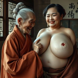 In a medieval Chinese room, there is an extremely small and emaciated elderly Chinese dwarf woman with rotten teeth, dressed in a long Buddhist robe that is fully closed