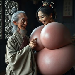 In a medieval Chinese room, there is an extremely small, elderly Chinese woman who appears malnourished with decayed teeth, dressed in a long, fully-closed Buddhist robe