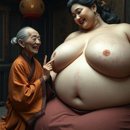 In a medieval Chinese room, there is an extremely small, elderly Chinese woman who appears malnourished with decayed teeth, dressed in a long, fully-closed Buddhist robe