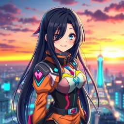 A stunning anime waifu character, with long flowing black hair and piercing blue eyes, wearing a stylish, futuristic outfit with vibrant colors