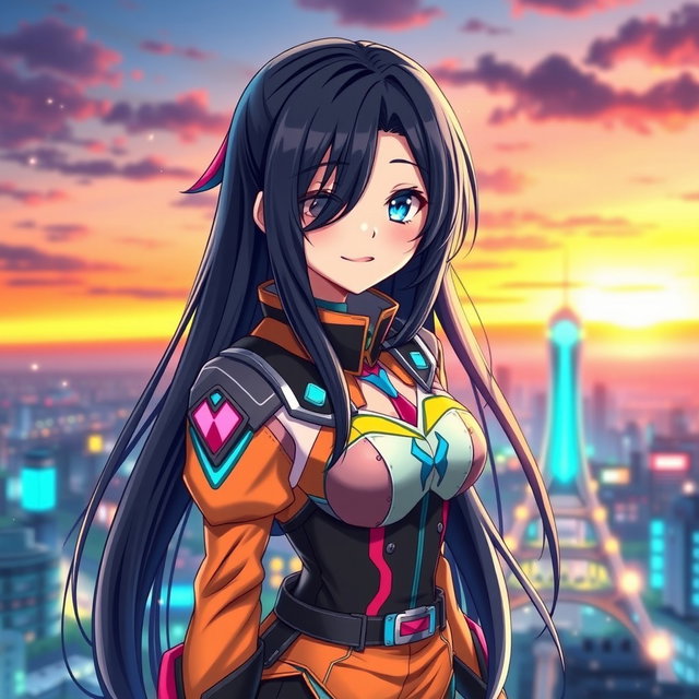 A stunning anime waifu character, with long flowing black hair and piercing blue eyes, wearing a stylish, futuristic outfit with vibrant colors