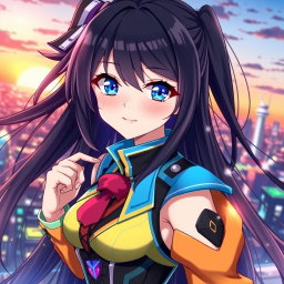 A stunning anime waifu character, with long flowing black hair and piercing blue eyes, wearing a stylish, futuristic outfit with vibrant colors