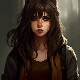 A girl with a long face, pronounced nose, captivating eyes with long lashes, full eyebrows, medium-sized lips, and almost long bangs. Her hair is styled like a wolf's. She's wearing a dark brown T-shirt, a black sweatshirt, and black cargo pants