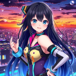 A stunning anime waifu character, with long flowing black hair and piercing blue eyes, wearing a stylish, futuristic outfit with vibrant colors