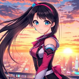 A stunning anime waifu character, with long flowing black hair and piercing blue eyes, wearing a stylish, futuristic outfit with vibrant colors
