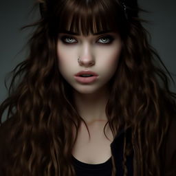 A girl with a long face, pronounced nose, captivating eyes with long lashes, full eyebrows, medium-sized lips, and almost long bangs. Her hair is styled like a wolf's. She's wearing a dark brown T-shirt, a black sweatshirt, and black cargo pants