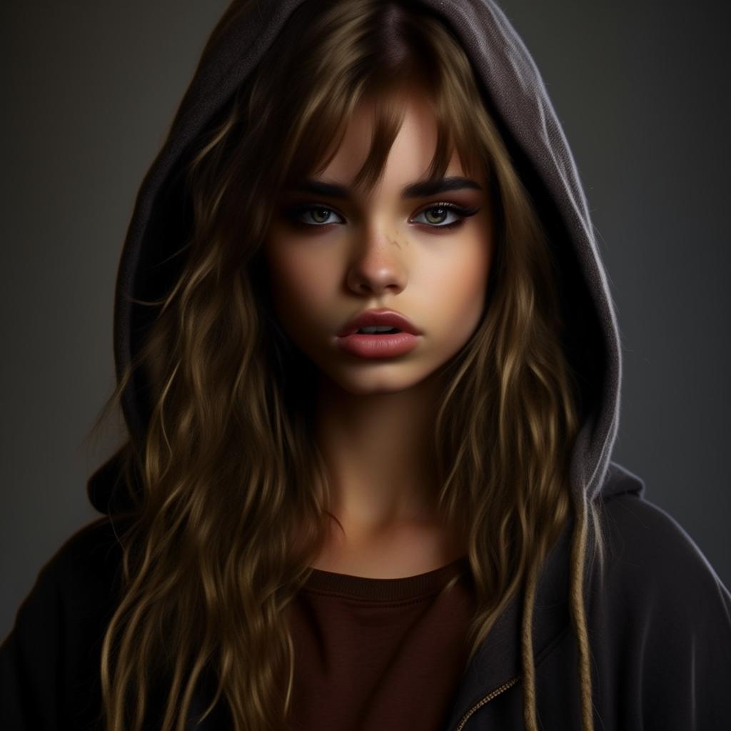 A girl with a long face, pronounced nose, captivating eyes with long lashes, full eyebrows, medium-sized lips, and almost long bangs. Her hair is styled like a wolf's. She's wearing a dark brown T-shirt, a black sweatshirt, and black cargo pants