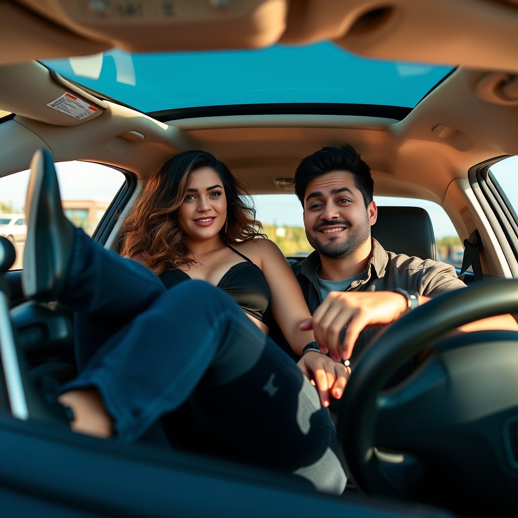 A curvy 20-year-old woman sitting playfully on a man's lap in the driver's seat of a Honda
