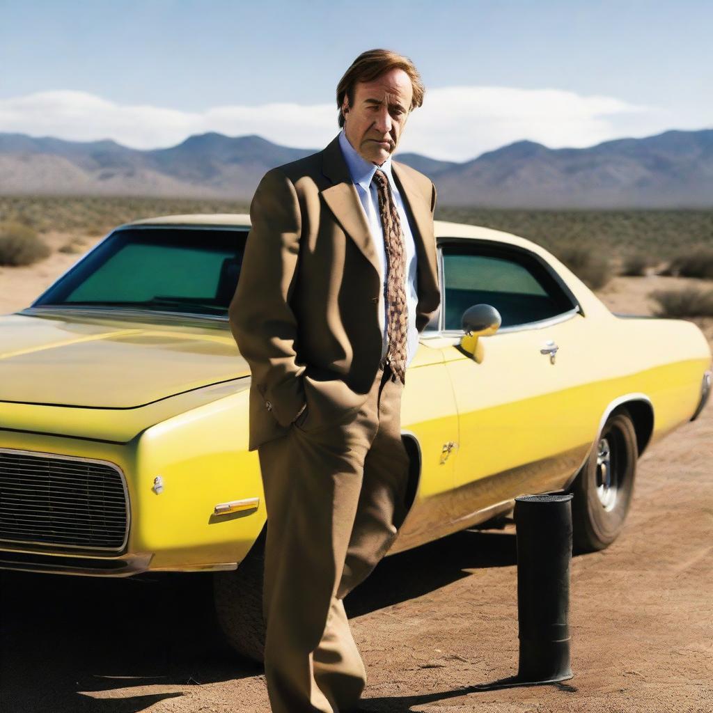 Saul Goodman from Breaking Bad, looking sad and standing next to a car