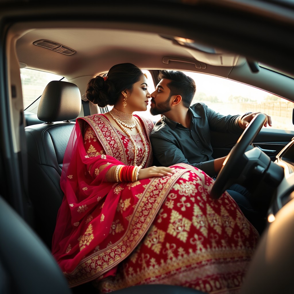 A curvy 20-year-old woman dressed in a beautiful bridal lehenga sitting gracefully on a man's lap in the driver's seat of a Honda City, facing the steering wheel