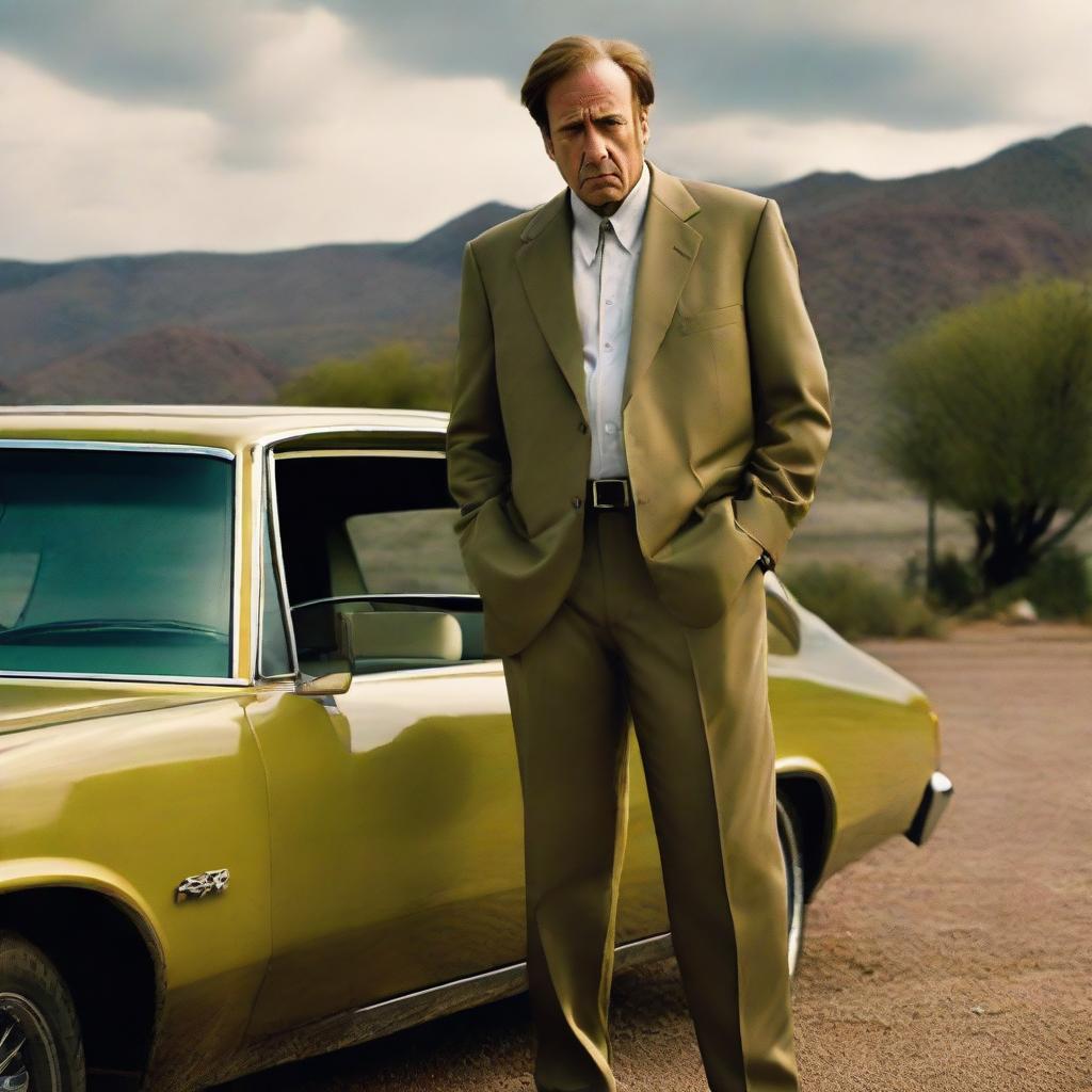 Saul Goodman from Breaking Bad, looking sad and standing next to a car