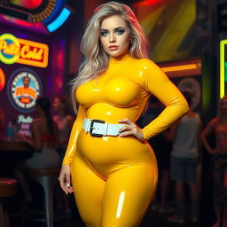A full-length photograph of a young woman with an exaggerated-hourglass shape, showcasing her ultra-curvy features, including ultra-wide thick rounded hips, huge thick round barrel-shaped thighs, and plump thick legs