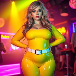 A full-length photograph of a young woman with an exaggerated-hourglass shape, featuring ultra-curvy attributes such as ultra-wide thick rounded hips, huge thick barrel-shaped thighs, and plump thick legs