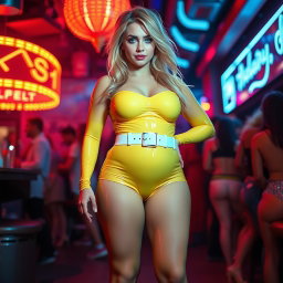 A full-length photograph of a young woman with an exaggerated-hourglass shape, characterized by ultra-curvy features, including ultra-wide thick rounded hips, huge thick round barrel-shaped thighs, and plump thick legs