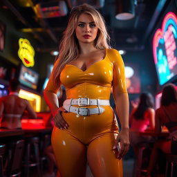 A full-length photograph of a young woman with an exaggerated-hourglass shape, characterized by her ultra-curvy features, including ultra-wide thick rounded hips, huge thick round barrel-shaped thighs, and plump thick legs