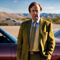 Saul Goodman from Breaking Bad, looking sad and standing next to a car