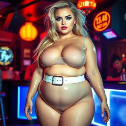 A full-length photograph of a chubby young woman with an exaggerated-hourglass shape, featuring ultra-curvy attributes such as ultra-wide thick rounded hips, huge thick round barrel-shaped thighs, and plump thick legs
