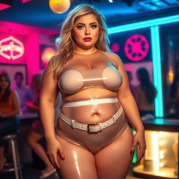 A full-length photograph of a chubby young woman with an exaggerated-hourglass shape, featuring ultra-curvy attributes such as ultra-wide thick rounded hips, huge thick round barrel-shaped thighs, and plump thick legs