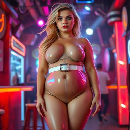 A full-length photograph of a plump young woman with an exaggerated-hourglass shape, characterized by ultra-curvy features including ultra-wide thick rounded hips, huge thick round barrel-shaped thighs, and plump thick legs