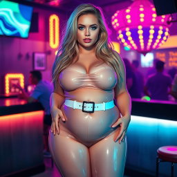 A full-length photograph of a plump young woman with an exaggerated-hourglass shape, characterized by ultra-curvy features including ultra-wide thick rounded hips, huge thick round barrel-shaped thighs, and plump thick legs