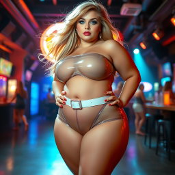 A full-length photograph of a plump young woman with an exaggerated-hourglass shape, characterized by ultra-curvy features including ultra-wide thick rounded hips, huge thick round barrel-shaped thighs, and plump thick legs