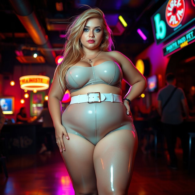 A full-length photograph of a plump young woman with an exaggerated-hourglass shape, characterized by ultra-curvy features including ultra-wide thick rounded hips, huge thick round barrel-shaped thighs, and plump thick legs