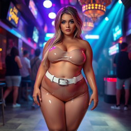 A full-length photograph of a plump young woman with an exaggerated-hourglass shape, defined by ultra-curvy features such as ultra-wide thick curvy rounded hips, huge thick round barrel-shaped thighs, and plump thick legs