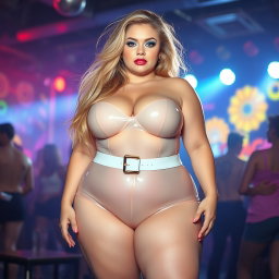 A full-length photograph of a plump young woman with an exaggerated-hourglass shape, featuring ultra-curvy attributes like ultra-wide thick rounded hips, huge thick round barrel-shaped thighs, and plump thick legs