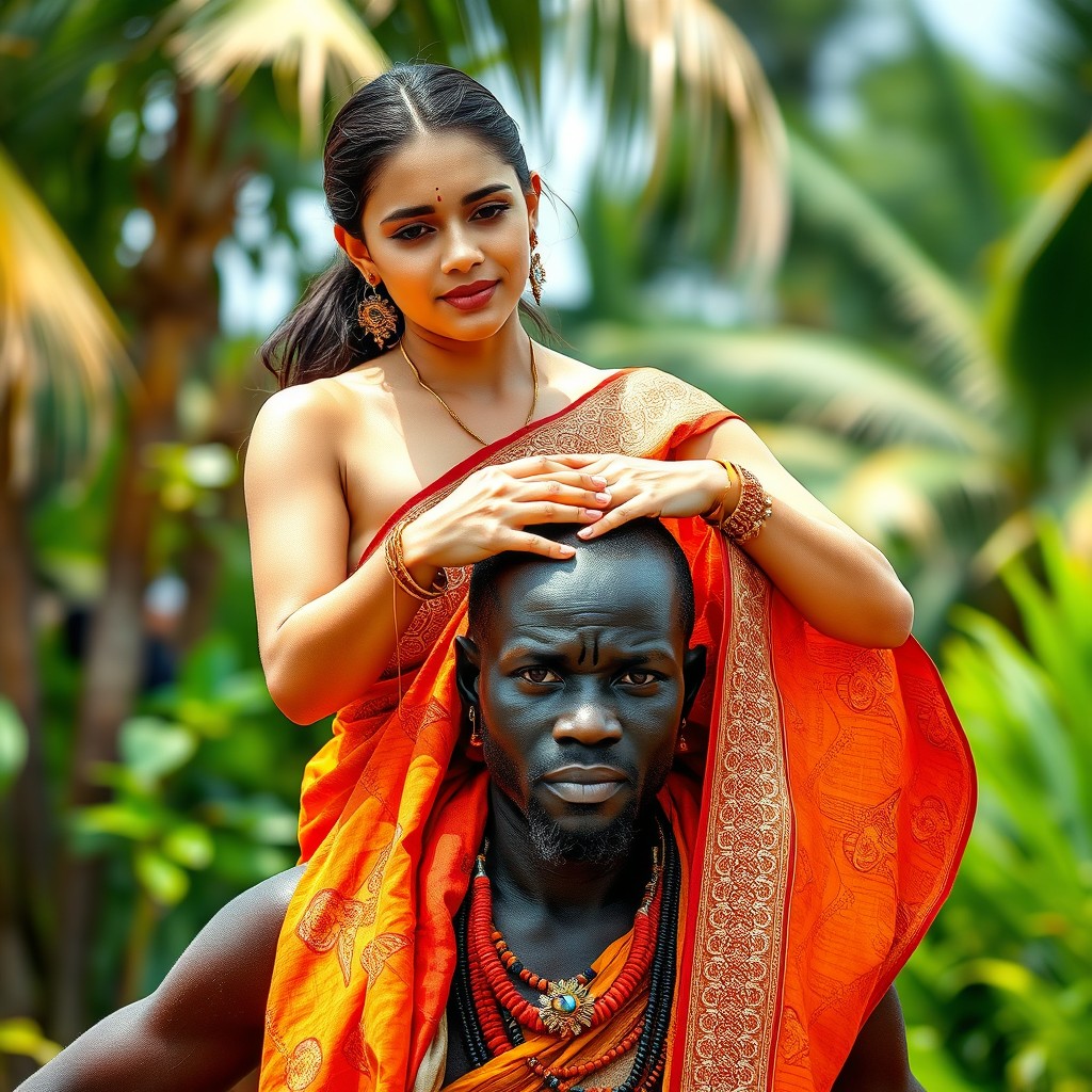 A beautiful fair-skinned woman wearing a traditional sari without a blouse, gracefully seated atop the shoulders of a tall Black African tribesman