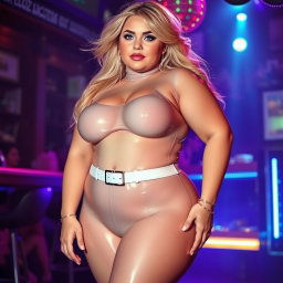 A full-length photograph of a plump young woman with an exaggerated-hourglass shape, featuring ultra-curvy attributes such as ultra-wide thick rounded hips, huge thick round barrel-shaped thighs, and plump thick legs
