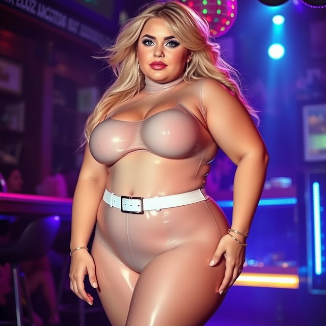 A full-length photograph of a plump young woman with an exaggerated-hourglass shape, featuring ultra-curvy attributes such as ultra-wide thick rounded hips, huge thick round barrel-shaped thighs, and plump thick legs