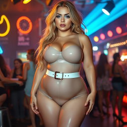 A full-length photograph of a plump young woman with an exaggerated-hourglass shape, showcasing her ultra-curvy features like ultra-wide thick rounded hips, huge thick round barrel-shaped thighs, and plump thick legs