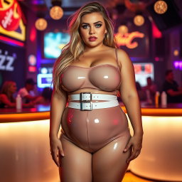 A full-length photograph of a plump young woman with an exaggerated-hourglass shape, showcasing her ultra-curvy features like ultra-wide thick rounded hips, huge thick round barrel-shaped thighs, and plump thick legs