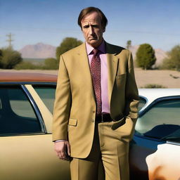 Saul Goodman from Breaking Bad, looking sad and standing next to a car