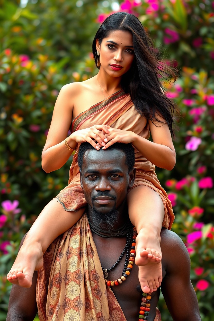 A striking fair-skinned woman wearing an elegant blouse-less sari, beautifully draped, sits gracefully on the shoulders of a tall Black African tribesman