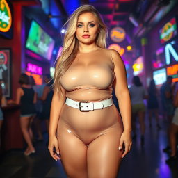 A full-length photograph of a plump young woman with an exaggerated-hourglass shape, featuring ultra-curvy dimensions like ultra-wide thick rounded hips, huge thick round barrel-shaped thighs, and plump thick legs