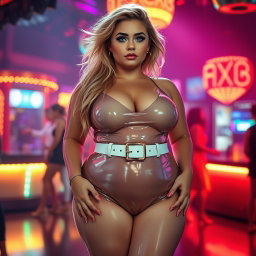 A full-length photograph of a plump young woman with an exaggerated-hourglass shape, showcasing her ultra-curvy features with ultra-wide thick rounded hips, huge thick round barrel-shaped thighs, and plump thick legs