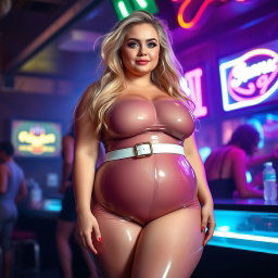 A full-length photograph of a plump young woman with an exaggerated-hourglass silhouette, showcasing her ultra-curvy dimensions, including ultra-wide thick rounded hips, large thick round barrel-shaped thighs, and plump thick legs