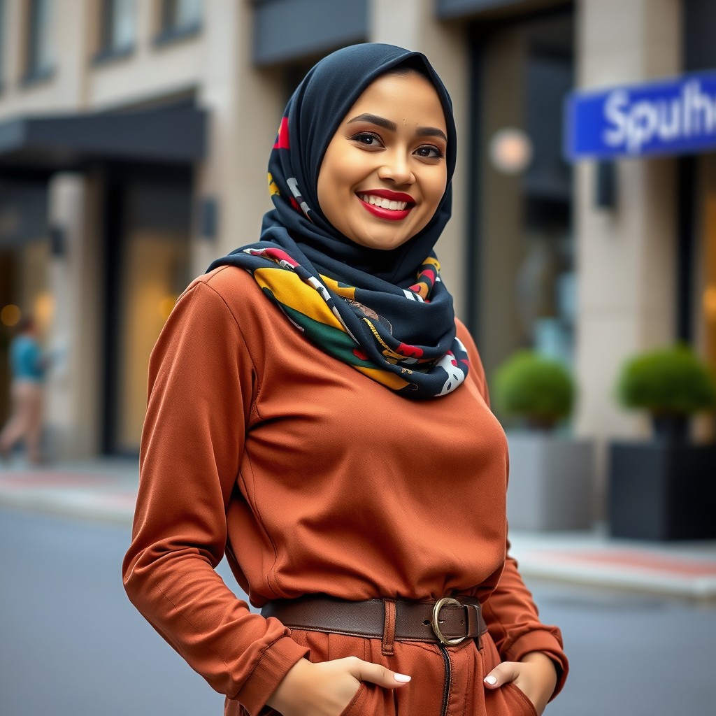 A young woman wearing a hijab, confidently displaying her unique style