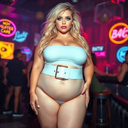 A full-length photograph of an ultra-curvy woman featuring an exaggerated hourglass shape, with ultra-wide, rounded hips and thick barrel-shaped thighs